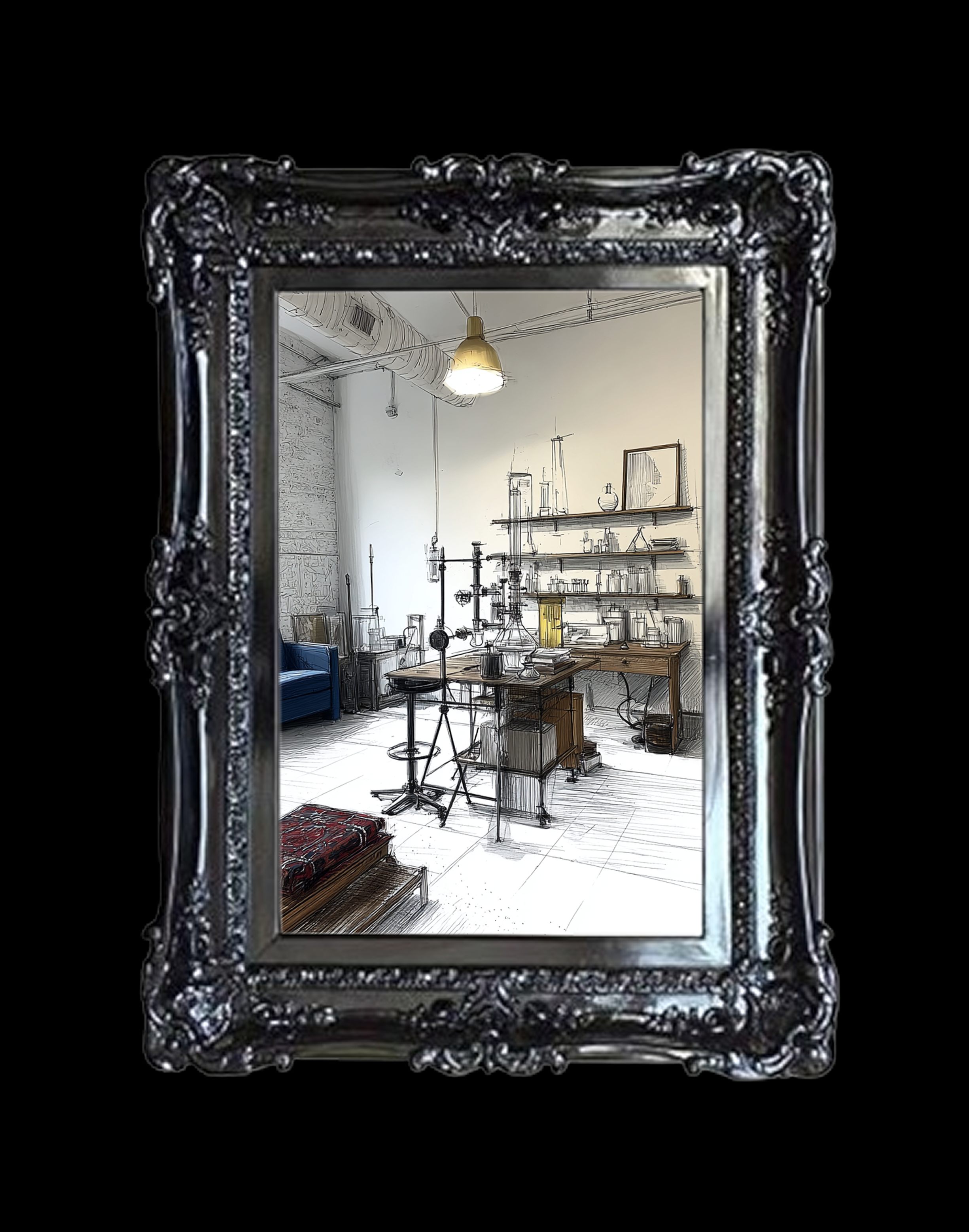 Interior vision of The [OPEN] Lab workspace with artistic scrapbook-style framing